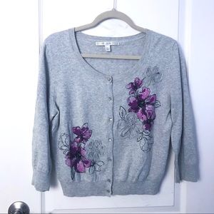 Light Gray Cardigan with Purple Floral Accents